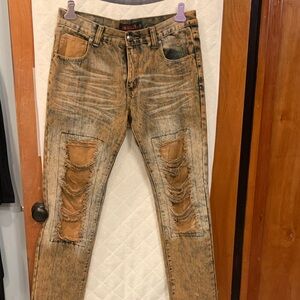 Men's Distressed Bootcut Jeans in Tan